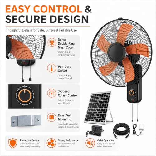 Ventilador de pared solar con batería de 30 horas y 5 aspas de 43cm 8
