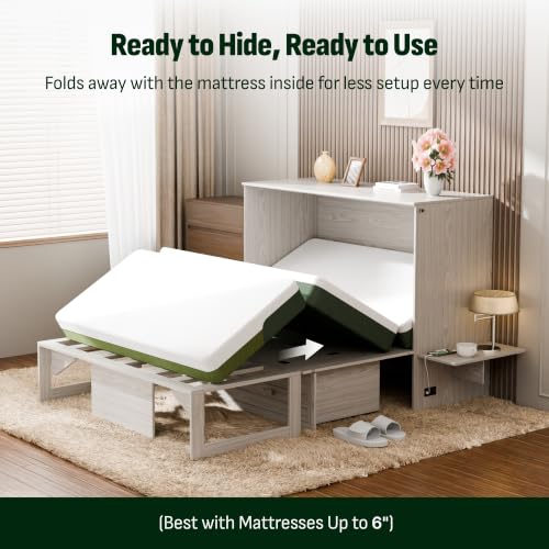 Image of Softa Full Murphy Bed Cabinet with 6 inch Tri-Fold Mattress, Storage Drawer & Charging Station, 1200 Lb Heavy Duty Wood Wall Bed with Fold-Down Desk for Guest Room & Home Office, No Box Spring Needed