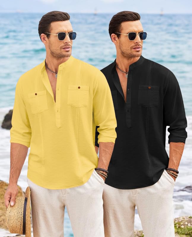 Image of Macsivo Combo of Men's Regular Fit Cotton Blend Solid Casual Short Kurta with Mandarin Collar and Pockets Kurta Pack of 2