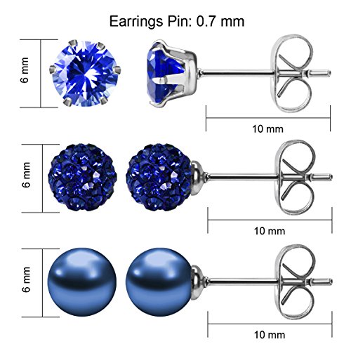 JEWELRIESHOP Birthstone Studs Earring Set Cubic Zirconia Rhinestones Crystal Ball Faux Pearl Stainless Steel Stud Earrings for Women Girl Jewelry Gift (6mm Round,3 Pairs)4