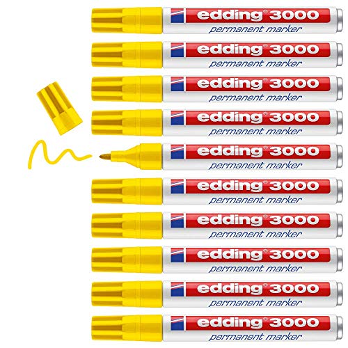 edding 3000 marcador permanente - amarillo - 10 rotuladores - punta redonda 1,5-3 mm - indeleble de secado rápido - resistente al agua y a los borrones - universal