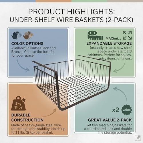 Image of Styleys Kitchen Under Cabinet Shelf Wire Rack Organizer Storage Undershelf Basket (Black, 15.5-inch S11027) - Set of 2, Tiered Shelf