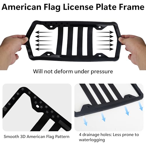 2 PCS Silicone License Plate Frame, Black American Flag License Plate Frame, Rubber Licence Plate Holder, 3D Stars and Stripes USA Flag Front Rear License Plate Covers Frames for Car, Truck and SUV