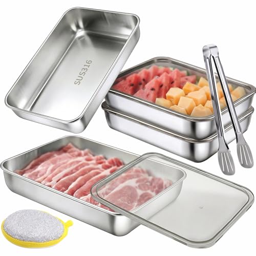 SneiDr Recipientes de Acero Inoxidable 316 para Alimentos 4 Piezas 25x20x4.5cm Porta Embutidos Nevera con Tapa Apilables Compatibles con Lavavajillas Enfriamiento Rápido para Queso Embutidos Verduras