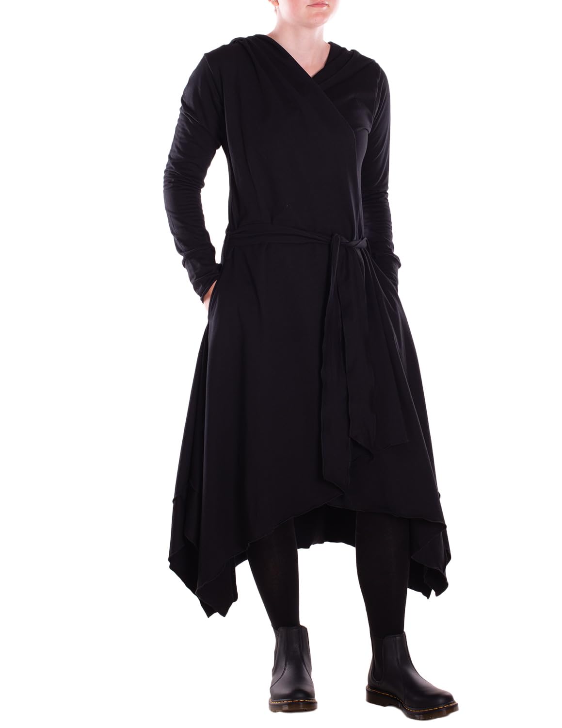 Vishes - Langer asymmetrischer Baumwoll-Überwurf mit Kapuze, Taschen, Daumenlöchern und Gürtel - Alternative Bekleidung