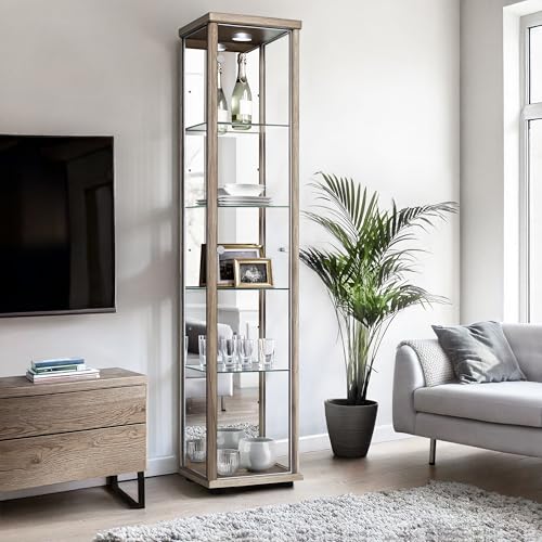 K-Möbel Vitrine Exposition (176x37x33cm) - Fabriqué en Allemagne - Armoire vitrée Chene Sonoma avec 4 étagères en Verre réglables, Miroir & LED- Vitrine...