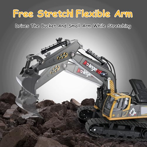 Image of kolegend 1:18 Scale RC Excavator Toy with Metal Shovel, 11 Channels Remote Control Construction Truck, Real Digging on Dirt & Sand 2 Rechargeable Batteries Gift for Boys Girls Kids 6-12 Years Old