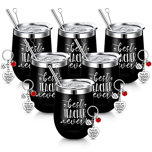 Didaey 12 Pcs Teacher Appreciation Gift Sets 12 Oz Teacher Wine Tumbler For Women Valentines Day Gift For Teacher Thank You Gift Teacher Birthday Gifts Best Teacher Ever Cup And Keychain (Black) #TOP5