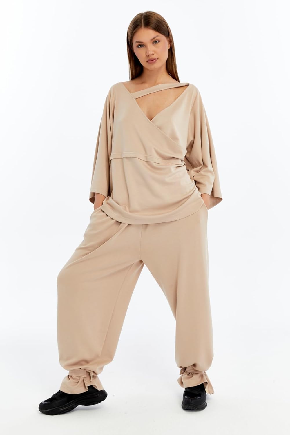 Women's Beige Asymmetrical Cutout V-Neck Dolman Sleeve Top - Image 3