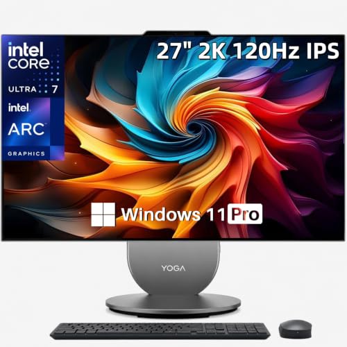 Image of Lenovo Yoga All in one Desktop AI PC, 27 inch 2K QHD IPS Display, Intel Core Ultra 7 255H (96-Tops, Up to 5.1 GHz), 16GB 6400 MHz LPDDR5X | 2 TB SSD, Wi-Fi 7, Wireless Keyboard, Mouse Windows 11 Pro