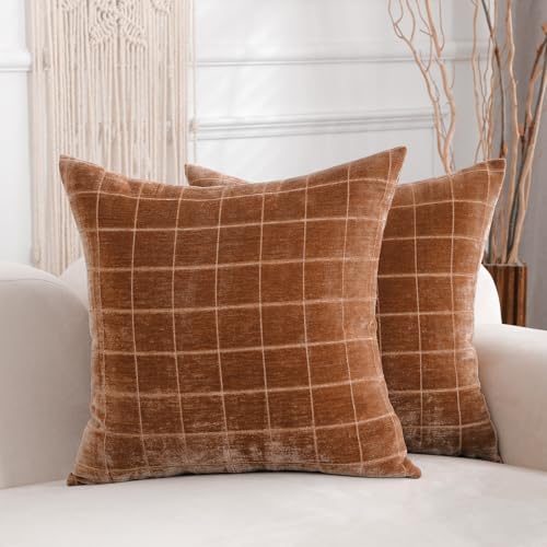 HPUK Checkered Throw Pillow Covers 18x18 Inch, Soft Cut Velvet, Set of 2