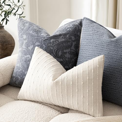 Image of Foindtower Pack of 2 Decorative Jacquard Boucle Lumbar Throw Pillow Covers Accent Textured Striped Pillowcases Cozy Boho Cushion for Couch Sofa Bedroom Living Room Home Decor 12x20 Inch Cream White