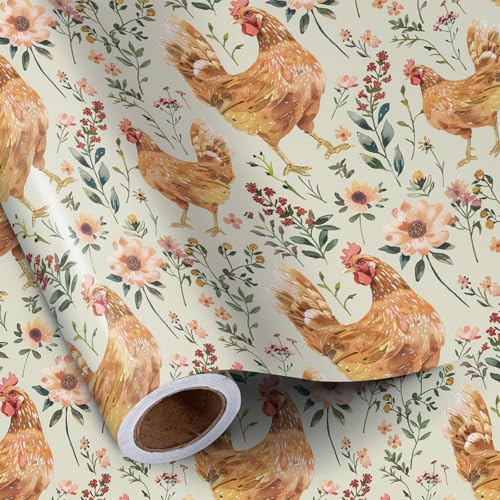 RUSPEPA Chicken Wrapping Paper Roll Mini Roll 17 Inches x 16.4 Feet Rooster Floral Design Gift Wrap Paper Farm Animal Wrap Paper for FarmerKids Birthday Party and Special Occasions