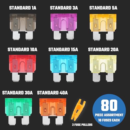 Image of NEIKO 50504A Car Fuses Assortment Set, 80pc, Fast Acting, Auto Fuses Kit, Standard Sizes, 1A, 3A, 5A, 10A, 15A, 20A, 30A, and 40 Amp, Marine Boat, Automotive, Motorcycle, RV, Car Fuse Kit, Fuse Puller