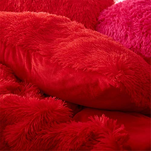 One Meter Sunshine 4 Piece Shaggy Plush Bedding Sets Comforter Cover Set, 1Pc Fluffy Faux Fur Duvet Cover + 1Pc Velvet Bed Flat Sheet + 2Pcs Furry Pillow Shams, Zipper Closure (Bright Red, Full) #TOP5