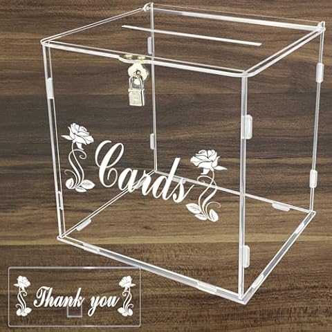 FCDECOR Acrylic Wedding Card Box with Lock, Clear Card Boxes for Wedding Reception Money Holder with Card Sign for Wedding Decorations, Baby Showers, Birthdays, Bridal or Graduation Party Supplies Cover