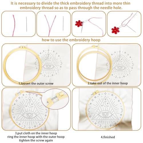 Image of BEUNITONE 6Set Tarot Embroidery Kit for Beginners with Dreamy Pre-print Patterns, DIY Craft Kits for Adults Women with Embroidery Hoops and Full Kits, Needlepoint Kits for Home Decor and Gifts 20x20cm