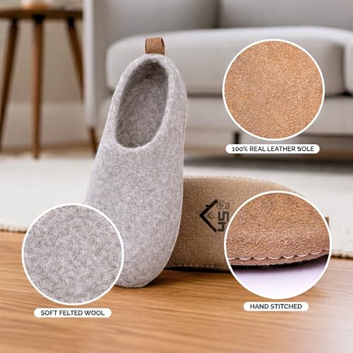 Image of Wool Slippers for Women & Men - Handmade Felted Wool Indoor House Shoes with Genuine Leather Sole, Closed Back Slip-On, Warm Breathable Felt Slippers for Cold Floors