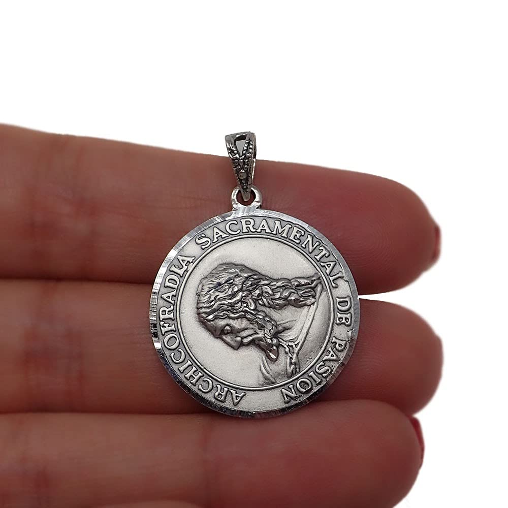 Medalla Cristo Archicofradía Sacramental Pasión plata Ley 925m maciza 24 mm. escudo doble cara Hermandad Sevilla