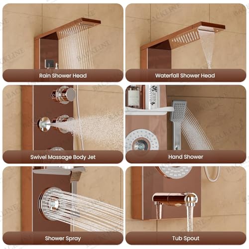 Image of Multifunction 8 in 1 Shower Panels For Bathroom SS304 Thermostatic Shower With Storage Shelf, LED Rainfall Shower,Hot & Cold Water Adjustable,Massage Spray,Hand Shower & Water Spout (Rosegold)