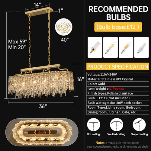 Image of 12-Light Gold Crystal Chandeliers for Dining Room Light Fixture 36 inch
