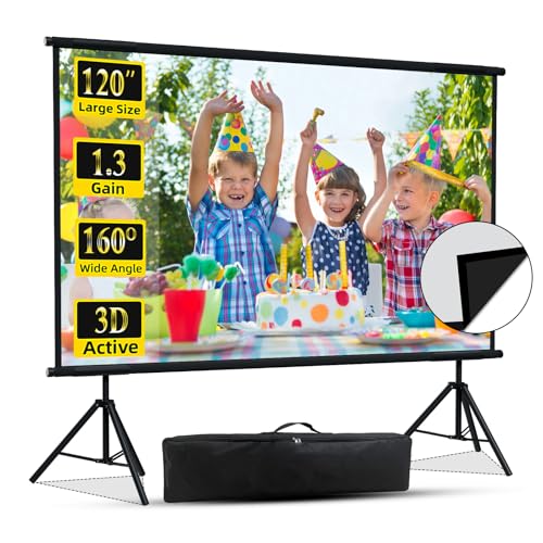 Projector Screen with Stand, XINLEMY 120inch Indoor Wall-Mounted Projector Screen Portable Wrinkle-Free Outdoor Projection Screen Back Black Movie Screen with Carry Bag for Home Backyard Theater