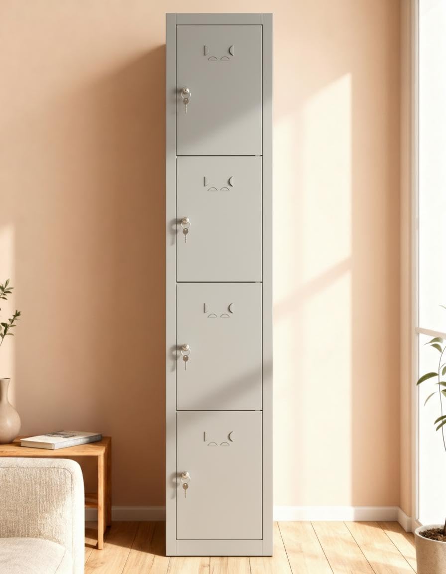 Vestiaire Metallique à 4 Portes Casier Vestiaire Metallique pour Votre Atelier ou Votre Bureau Casier avec Serrure pour Le Rangement de vêtements ou de Produits de Nettoyage (Gray)