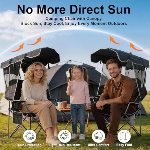 Image of Romswi Large Folding Canopy Camping Chairs for Adult 2 Pack, Portable Outdoor Chairs with Sunshade,Cup Holder & Side Pocket for Camping, Fishing, Beach, Backyard, Black