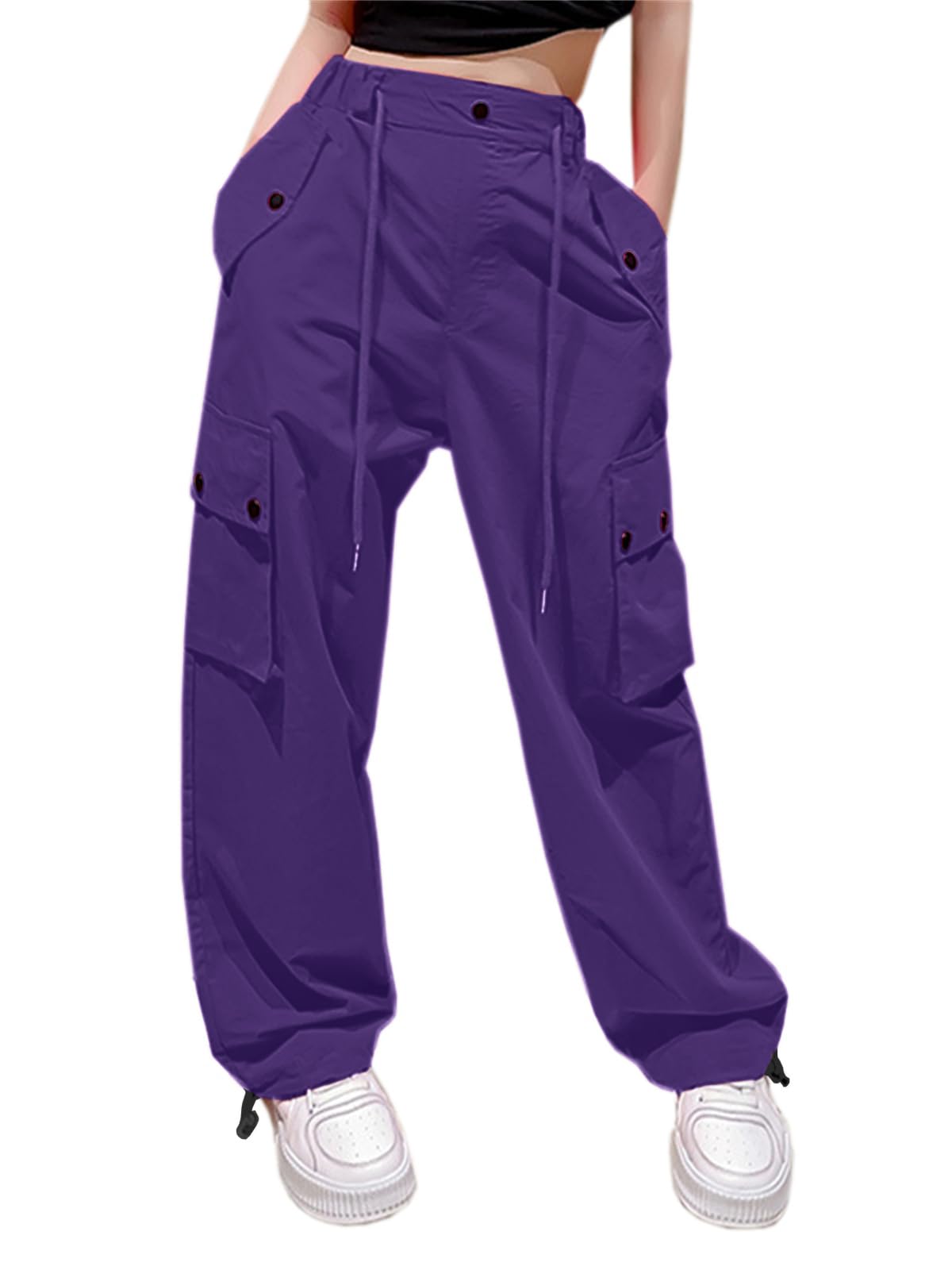 CromoncentGirls&Womens High Waist Parachute Pants Y2K Cargo Trousers with Pockets 6 Years-Women 2XL