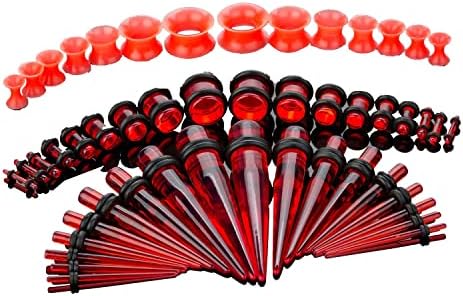 50pcs Ear Stretching Kit Silicone Tunnels Acrylic Tapers & Plugs 14G-00G Gauges Set Expanders for Women Men Body Piercing Jewelry, Red