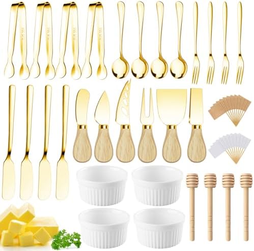 Charcuterie Boards Accessories Gold Charcuterie Utensils Cheese Butter Spreader Knife Set Small Serving Tongs Forks and Spoons Dipping Bowls Honey Dippers Toothpick Flags for Party Platter Making