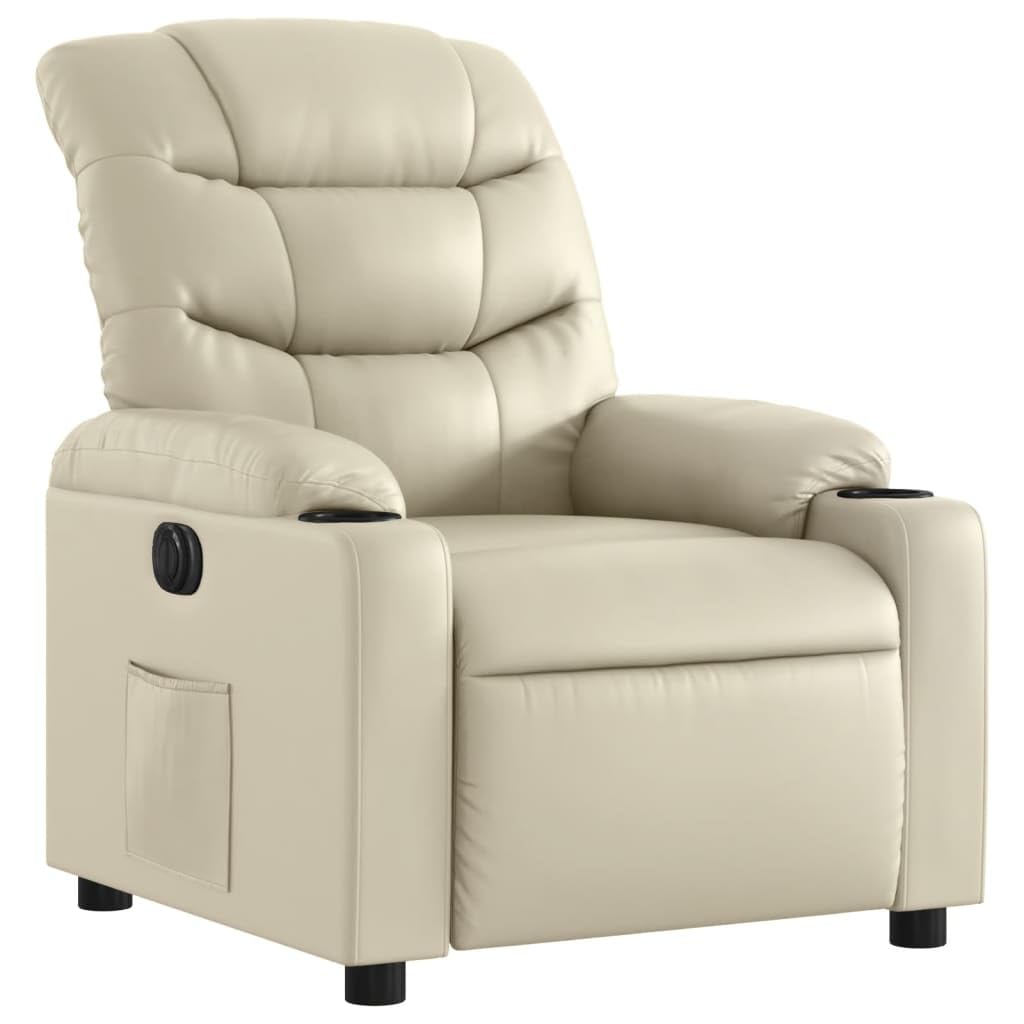 Fauteuil relax électrique en cuir synthétique crème avec fonction allongée, dossier réglable et pieds en bois pour salon, chambre à coucher, bureau, salon, design moderne, durable et