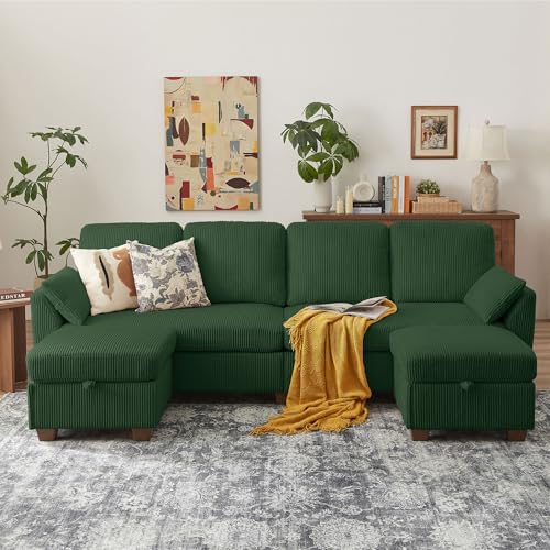 Image of Sectional Sofa with Dual Storage Ottomans, 4 Seat U Shaped Couches for Living Room: Soft Corduroy | Double Movable Chaise Ottoman | Modern Reversible Convertible Couch Set, Green