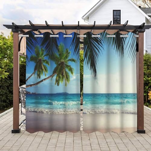 Tropical summer beach theme Waterproof Indoor/Outdoor Curtains,palm leaves waves blue sky...