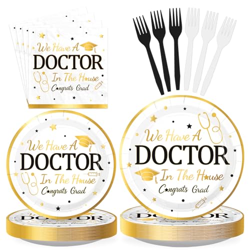 Greencian 96Pcs Doctor Graduation Decorations We Have a Doctor in the House Plates and Napkins White and Gold Congrats Grad Tableware Set for 2026 Medical School Graduation Party Supplies Serves 24