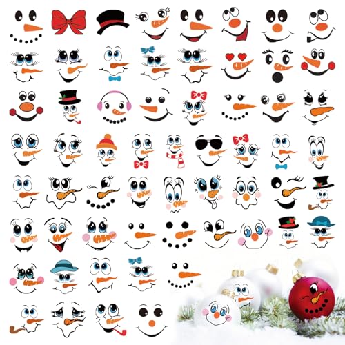 60pcs Small Snowman Face Stickers for Crafts Cute Christmas Ornaments Vinyl Snow Man Face Decals Xmas Winter Holiday Stickers for Window Glass Cups Balls Jars Wall Party Supplies Decor(snowface60)