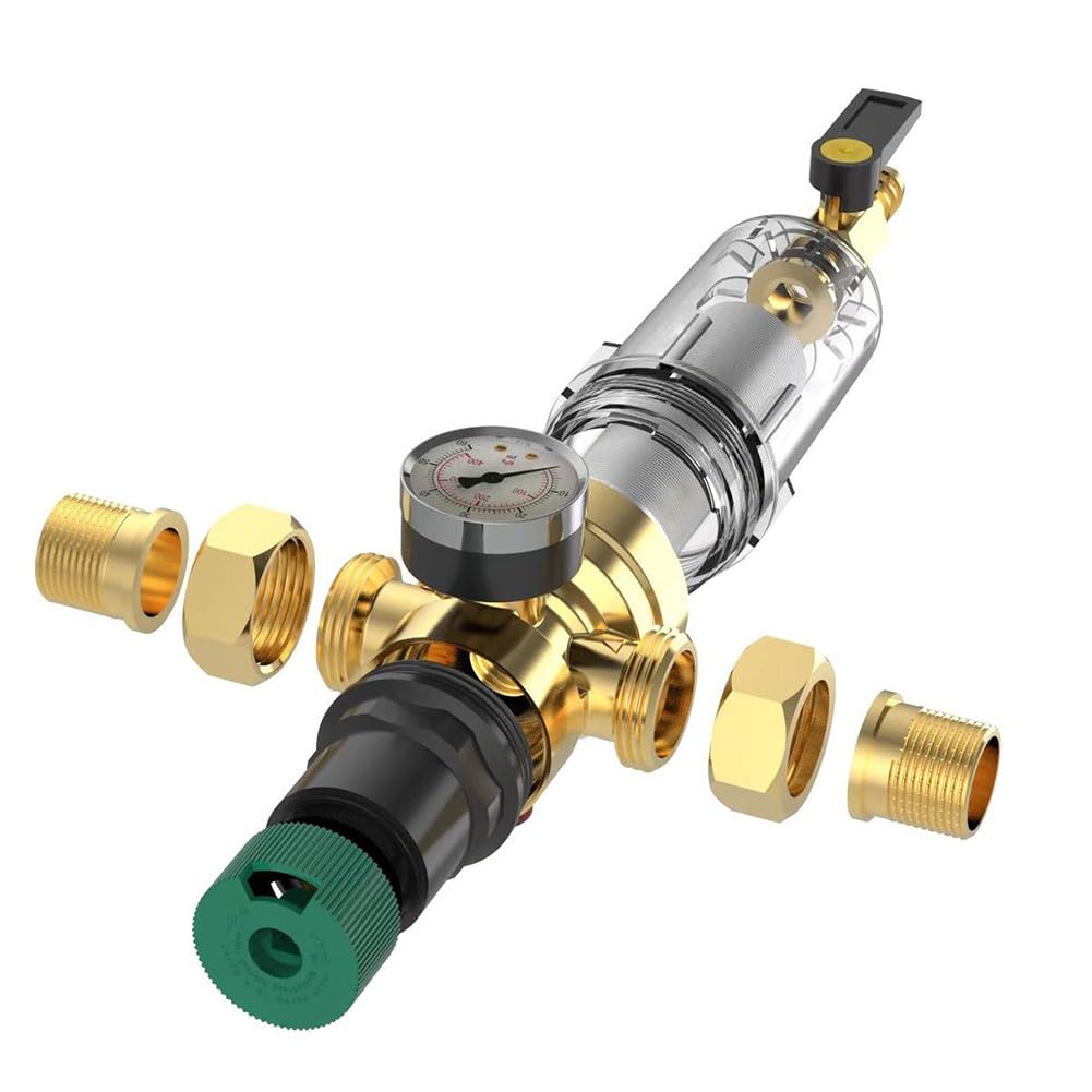 1x 3/4 Zoll Messing Druckregler mit Vorfilter und 40µm Edelstahl Sieb, 8 bar Max Eingangs­Druck, Wiederverwendbarer Sedimentfilter für Sauberes Wasser, Einfach zu Reinigen, Geeigne