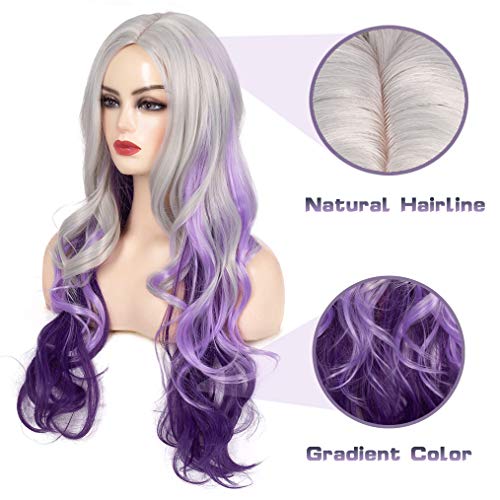 Beweig BW-L588-PURPLE Long Curly Wavy Silver Grey To Purple Wig Side Part Natural Looking Synthetic Cosplay Wig thumb #1