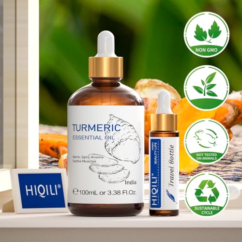 Image of HIQILI Turmeric Oil for Face, Skin Care & Aromatherapy | With 10ml Travel Bottle, Dilute with Carrier Oil for Body & Scalp Massage, Ideal for DIY Crafts -100mL / 3.38 fl oz