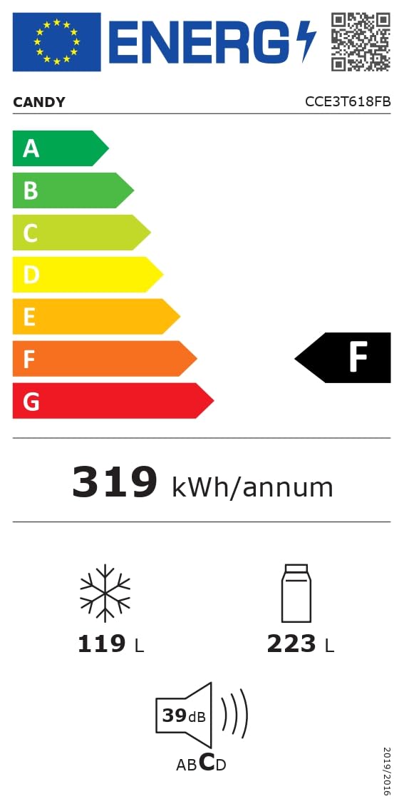 CANDY Fresco CCE3T618FB, Frigorífico Combi, 60CM, Altura 1,85m, 344L, Total No Frost, Almacenamiento Flexible, Cajón Verdulero, Electrónico Interno, LED, Puertas Reversibles, 39DB, Negro