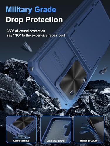 Image of Vihibii PC For Samsung Galaxy S24 Back Cover With Card Holder (4 Cards) & Slide Camera Cover & Kickstand, Hard Case For Galaxy S24 5G 6.2 inch 2024, Blue