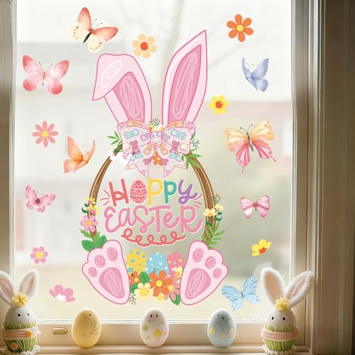 1 Sheet Easter Bunny Basket Window Clings, Happy Easter Window