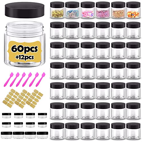 2 oz Plastic Containers with Lids 60pcs Plastic Jars with Lids + 3/5/10 Gram 12pcs Sample Containers Travel Jar– Great for Lip Scrub,Body Butters,Cream,Lotion Labels & Spatulas (72 Pack)