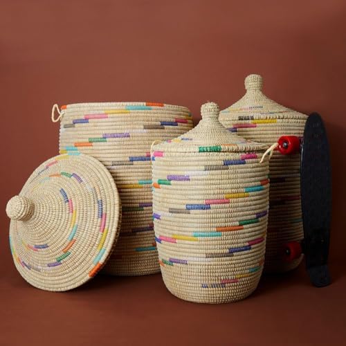 Largehandwovenstoragebaskethoodedlidbeigecolorfulswirl Urban Country Home Decor Large handwoven storage basket hooded lid beige colorful swirl urban country home decor