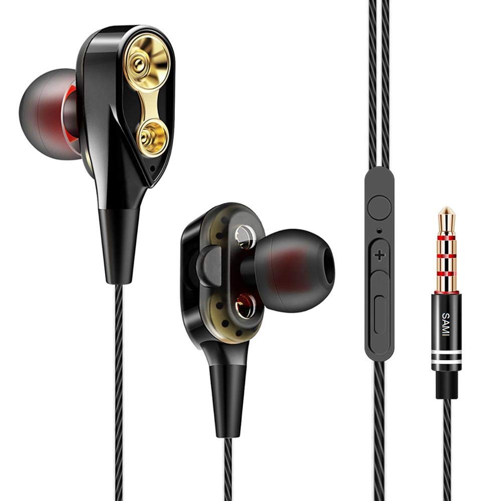 Sami® Headphone 4D Deep Bass Stereo Earphone Dual Driver Sport Wired Headset with Mic for All Smartphones (Black)