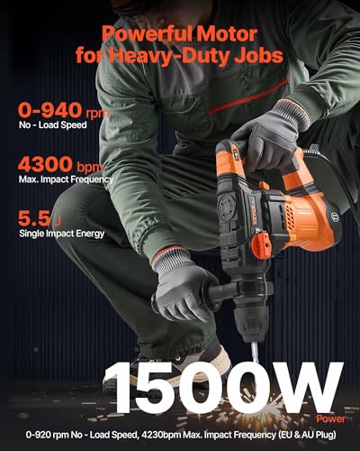 Image of VEVOR 1-1 /4 Inch SDS-Plus Rotary Hammer Drill, 13 Amp Corded Drills, Heavy Duty Chipping Hammers w /Vibration Control & Safety Clutch, Electric Demolition Hammers Variable Speed, Power Tool For Concret