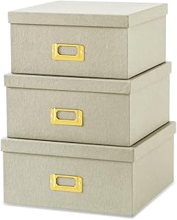 Soul & Lane Light Gray Kraft Paper Boxes for Storage, Set of 3 Square Stacking Boxes with Lids and Gold Label Holders, Decorative Photo Storage, Nesting Cardboard Containers for Organizing
