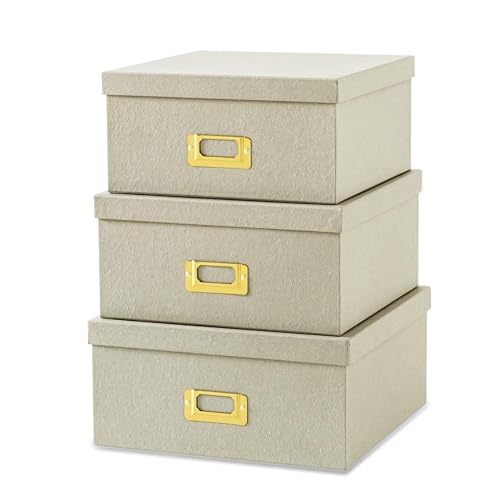 Soul & Lane Light Gray Kraft Paper Boxes for Storage, Set of 3 Square Stacking Boxes with Lids and Gold Label Holders, Decorative Photo Storage, Nesting Cardboard Containers for Organizing