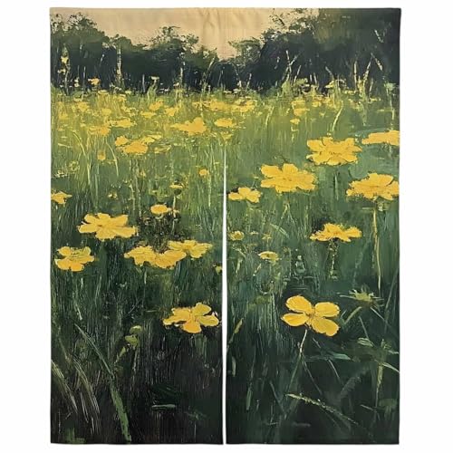 Vamjump 目隠し ロング のれん 遮光 暖簾 間仕切り 幅75x丈90cm 近代主義 野の花 油絵 植物 草原 アウトドア 黄色い花 半間のれん 和み リビング 和風 カーテン 厚手 防寒 防音 断熱 プライバシー保護 玄関 キッチ リビング 飲食店