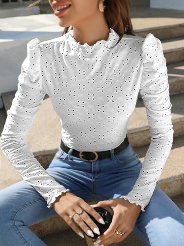Image of Sugathari Girl's & Women's Spring /Summer Slim Fit High Neck T-Shirt with Stand Collar, Cap Sleeves and Eyelet Embroidery Frill Trim Tee Textured Sheer Fabric (T-Shirts 194 $P)